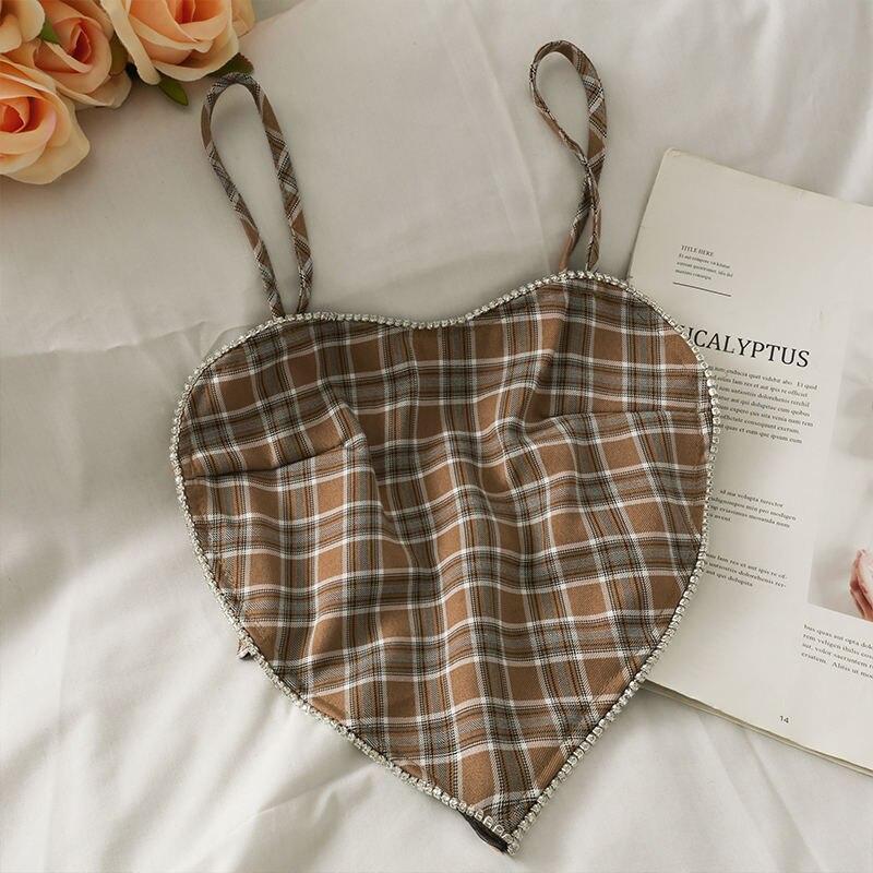 Summer Heart Shaped Camisole Crop Top Women Ringstones Plaid Spaghetti Straps Elastic Back Tank Tops